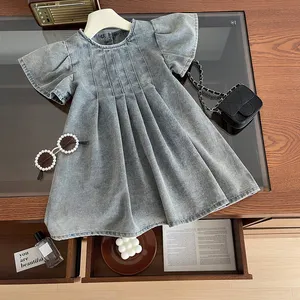 2024 Newest Summer Children Wear Short Sleeve Denim Solid Color Princess Baby Dress