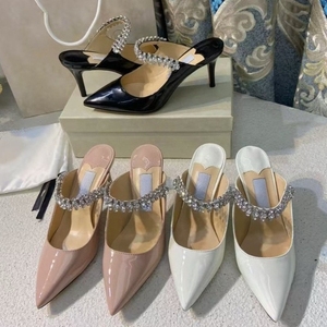 Sandali Estivi da Donna di Design con Tacco e Cinturino alla Caviglia, in Pelle Verniciata con Dettagli Diamantati, Modello Mary Jane - Product Image 1