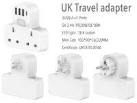 UKCA BS8546 Sertifikalı Seyahat Adaptörü Dönüştürücü, AB/ABD/İngiltere Değiştirilebilir Fişli, PD20W Çoklu USB Şarj Cihazı ve LED Gösterge Işığı