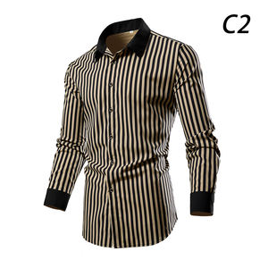 Modische Button Up Polyester Langarm Gestreiftes Bedrucktes Hemd Für Männer DF-2 - Product Image 2