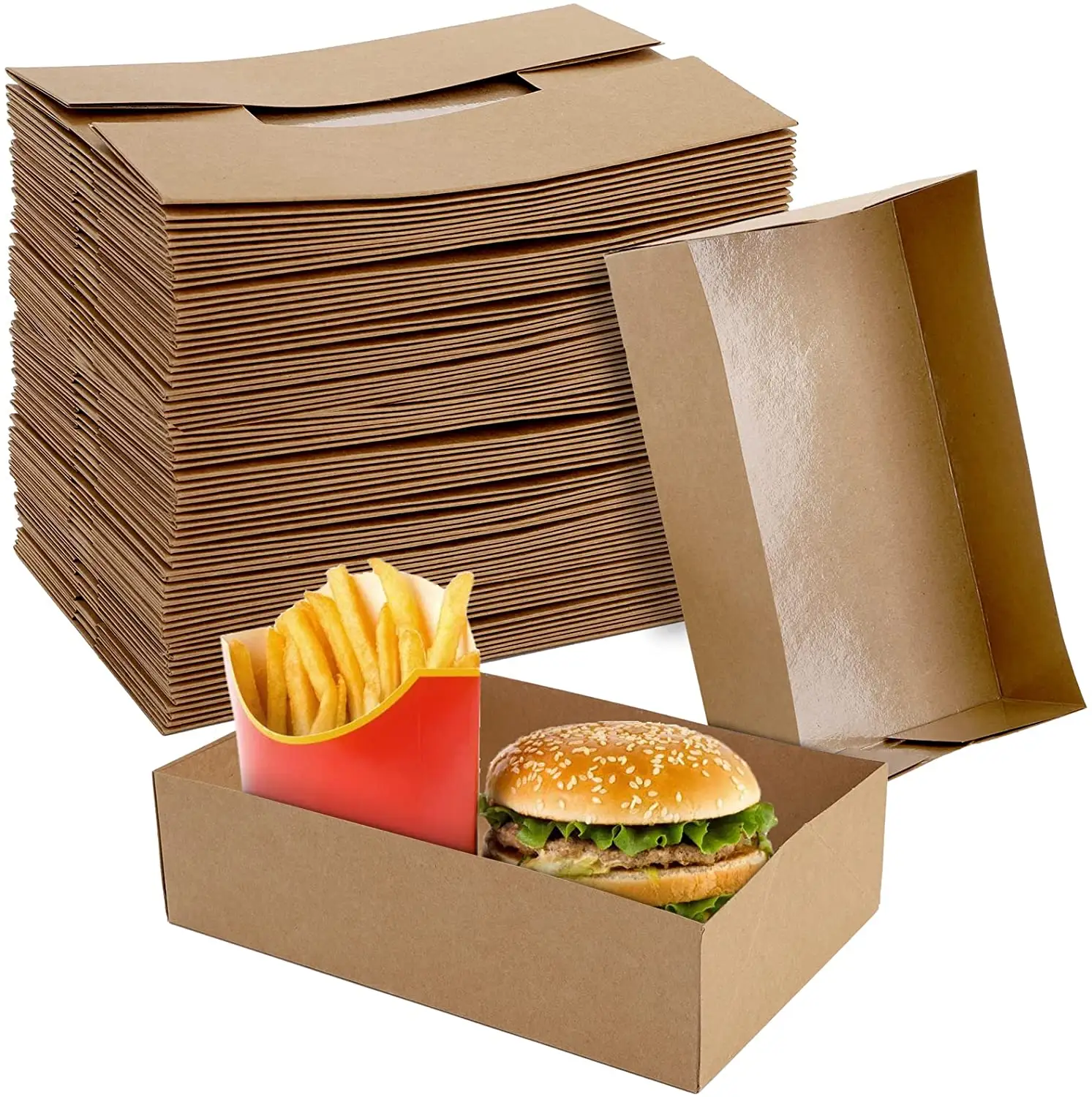 Custom Kraft Paper Food Trays Grease Proof Cardboard Food Box Trays Disposable Foldable Brown Snack Holder for Cinema