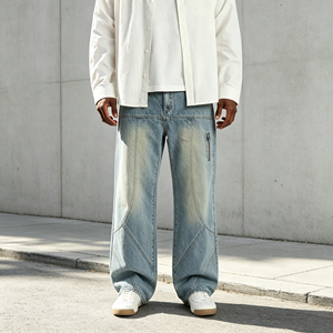 Jeans à jambes larges pour hommes, pantalon en denim délavé, poche zippée, streetwear décontracté, logo personnalisé OEM - Product Image 1