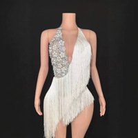 Robe de soirée sexy en tissu maille diamantée pour femme, col en V profond, robe de danse latine à franges, mini-robe pour spectacle d'été