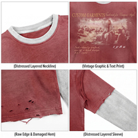 T-shirt homme coupe ample à manches longues, effet double couche, faux deux pièces, 240 g/m², en coton, imprimé graphique personnalisé, effet vieilli, lavé