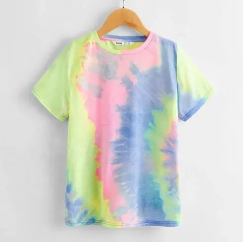 Groothandel 100% Polyester Stof Pop Meisjes Jongens Losse Kinderen Dragen Logo Ontwerp Tie Dye Kids T Shirts Voor Kinderen