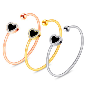 Bracelet en acier inoxydable en forme de cœur, 15 mm, manchette ouverte, incrustation de strass, bijoux de mode unisexe, cadeau, or rose, or, argent - Product Image 1