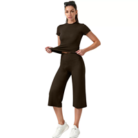 Ensemble de yoga best-seller : pantalon court uni et haut à manches courtes, en Spandex/Nylon haute élasticité, sensation seconde peau, coupe large