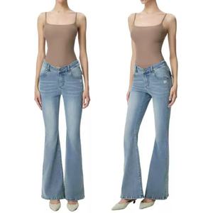 Custom Blue Slim Fit Jeans Pants for Women 100% Cotton Denim Fabric Dirty Wash Vintage Skinny Flared <b>Trousers</b> Women's Jeans - Product Image 5