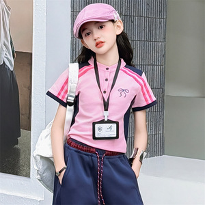 Set di Abbigliamento per Bambine Estate 2026: <span class=keywords><strong>Polo</strong></span> a Righe <span class=keywords><strong>Bianca</strong></span> e Rosa + Pantaloni Larghi Blu Navy, Completo 2 Pezzi - Product Image 4