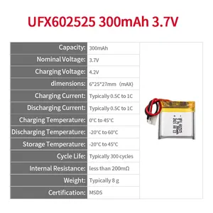 Bateria Fornecedor De Célula De Lítio Série UFX 602525 300mAh 3.7V Bateria Super Fina