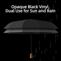 Parapluie automatique pliant en trois sections avec manche en bois et logo personnalisé, revêtement noir, 10 baleines, pour voyages d'affaires, coffret cadeau d'entreprise