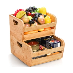 2 Tier Open Front Stacking Bin Bamboo Wooden Storage Basket with Handle for Fruit,Vegetable,Food