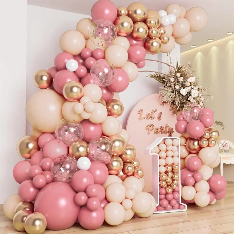 109 PCS Dusty Pink Balloon Garland Kits Ivory Brown Party Balloons Golden Confetti Latex Balloons For Birthday Decoration