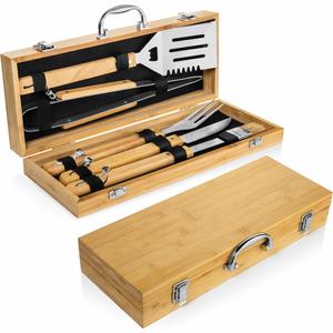 Juego de 6 Utensilios para Barbacoa con Mango de Madera, Accesorios para Asar, Caja de Transporte Portátil de Bambú para Acampar al Aire Libre - Product Image 1