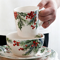 Service de table en céramique créatif pour Noël, motif Aigleconne, oiseaux, baies rouges, branches de pin, assiettes à collation en porcelaine, bol à soupe, décoration d'intérieur