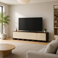 Meuble TV Console 4 Portes Panneaux Brillants Crème Cadre en Bois Foncé Poignées Dorées Console Multimédia Moderne Minimaliste pour Salon