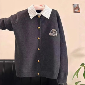Women's Dark Gray Preppy Style Shirt Collar Knitted <b>Cardigan</b> Embroidery Logo Long Sleeve Anti-Pilling Conventional Thickness - Product Image 1