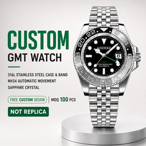 Reloj Automático OEM NH34 <span class=keywords><strong>GMT</strong></span> con Caja de Acero Inoxidable 316L, Brazalete, Bisel de Cerámica Bicolor, Fecha, Logotipo Personalizado, MOQ 100, Diseño Gratuito - Product Image 1