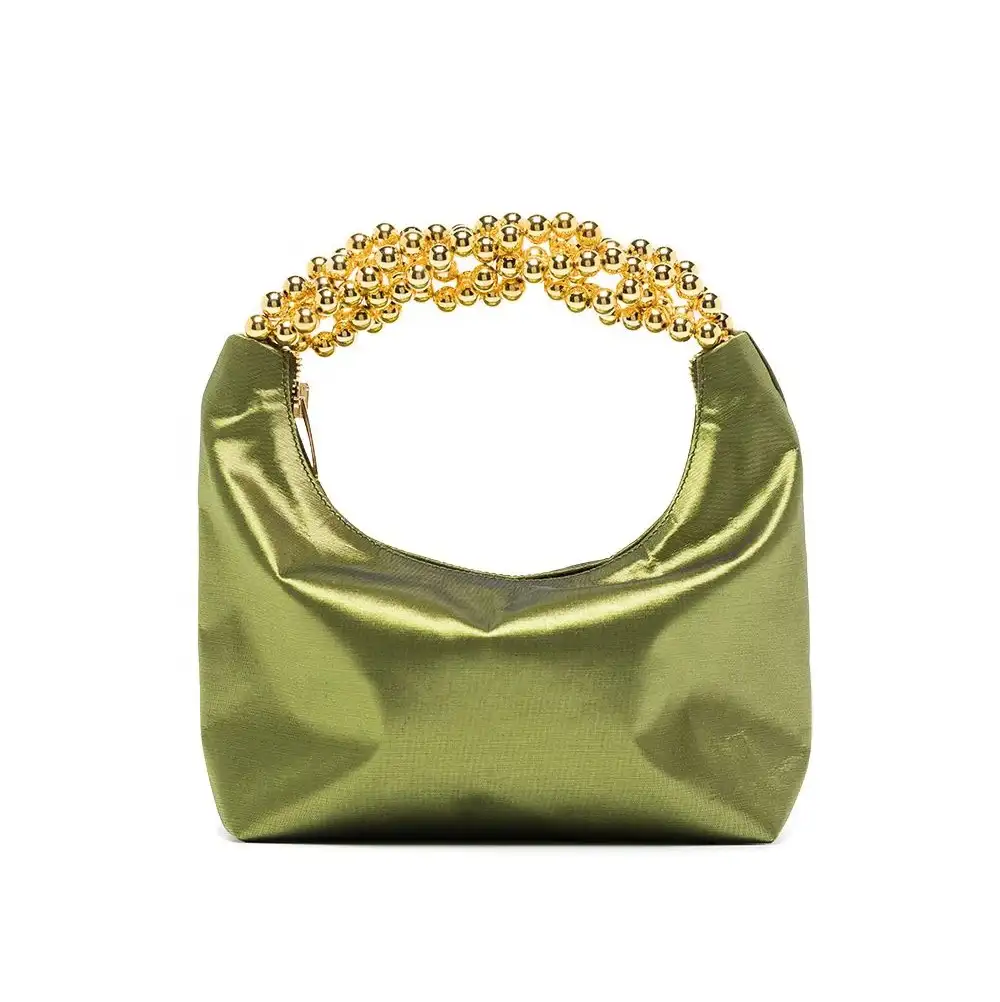 Factory Direct Sell Custom Ladies Handbag Women Clutches Green Satin Material Glitter Gold Beaded Handle Purse Evening Bag