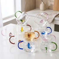 Vente en gros de tasses à eau en verre borosilicate mignonnes à motifs de dessins animés, 430 ml, résistantes à la chaleur, avec poignée