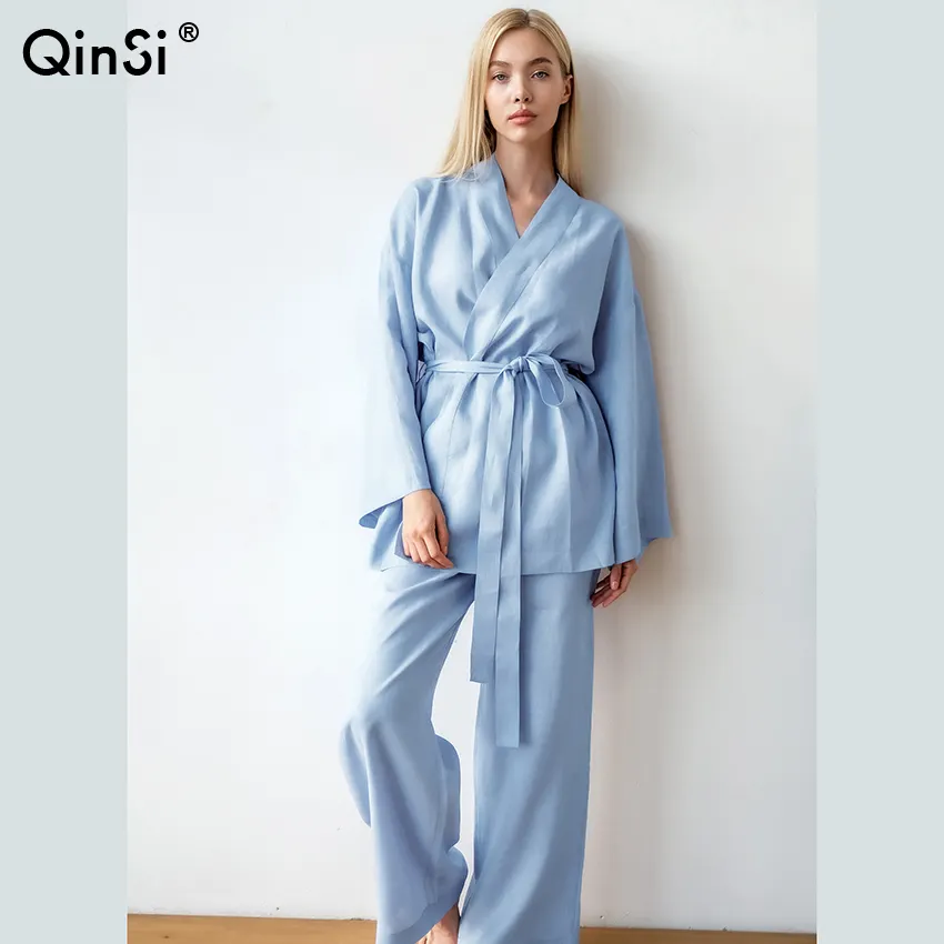 Qinsi ชุดสูทสำหรับผู้หญิง, ชุดเดรสใส่นอนคอวีแขนยาวเสื้อมีสายคาดเอวสูงเอวยางยืด