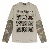 T-shirt Homme Streetwear Manches Longues 2-en-1 Superposé en Coton Lourd 220g Personnalisable avec Logo Effet Vieilli et Délavé
