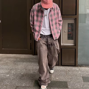 Custom New Design Best Selling Custom Rhinestone Plaid Flannel Shirt Long Sleeve Button <b>Down</b> Streetwear Casual Shirt for Men - Product Image 3