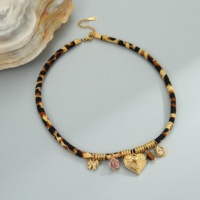 KITI Collier chaîne en tissu léopard avec breloque coeur or 18 carats en acier inoxydable étanche décontracté chic bijoux pour femmes
