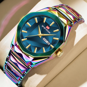 Edgy Mens Bold Blue Statement Watch Diamond Cut Dial Gold Accent Wristwatch for Streetwear - Product Image 1