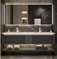 Kabinet Penyimpanan Veneer Walnut Modern, Cermin Kayu Dinding, Kabinet Kamar Mandi Double Sink dengan Meja Marmer