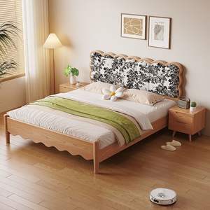 <span class=keywords><strong>Lit</strong></span> en <span class=keywords><strong>bois</strong></span> massif de style scandinave, tête de <span class=keywords><strong>lit</strong></span> capitonnée florale, <span class=keywords><strong>lit</strong></span> plateforme - Product Image 1