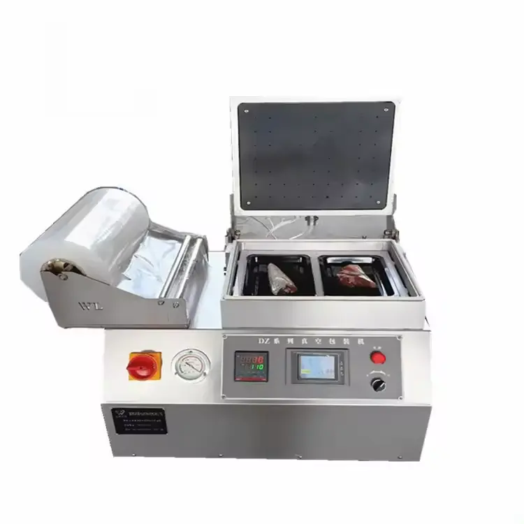 मल्टीफंक्शनल वैक्यूम स्किन फिल्म रैपिंग मशीन चिकन ब्रेस्ट थर्मोफॉर्म पैकिंग मशीन बीफ झटकेदार त्वचा पैकेजिंग मशीन