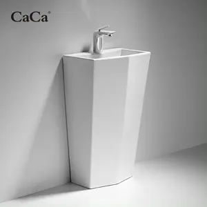 CaCa Sanitary Ware Pedestal Basin Ceramic Wash Basin 1 Piece Free Standing White Bathroom Sink