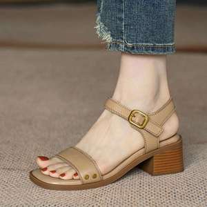 Vintage Chunky Heel Sandals Women Mid Heel Magic Strap Open Toe Backless <b>Soft</b> Leather <b>Shoes</b> - Product Image 1