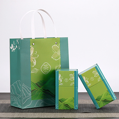 Boîte en fer blanc verte avec sac en papier