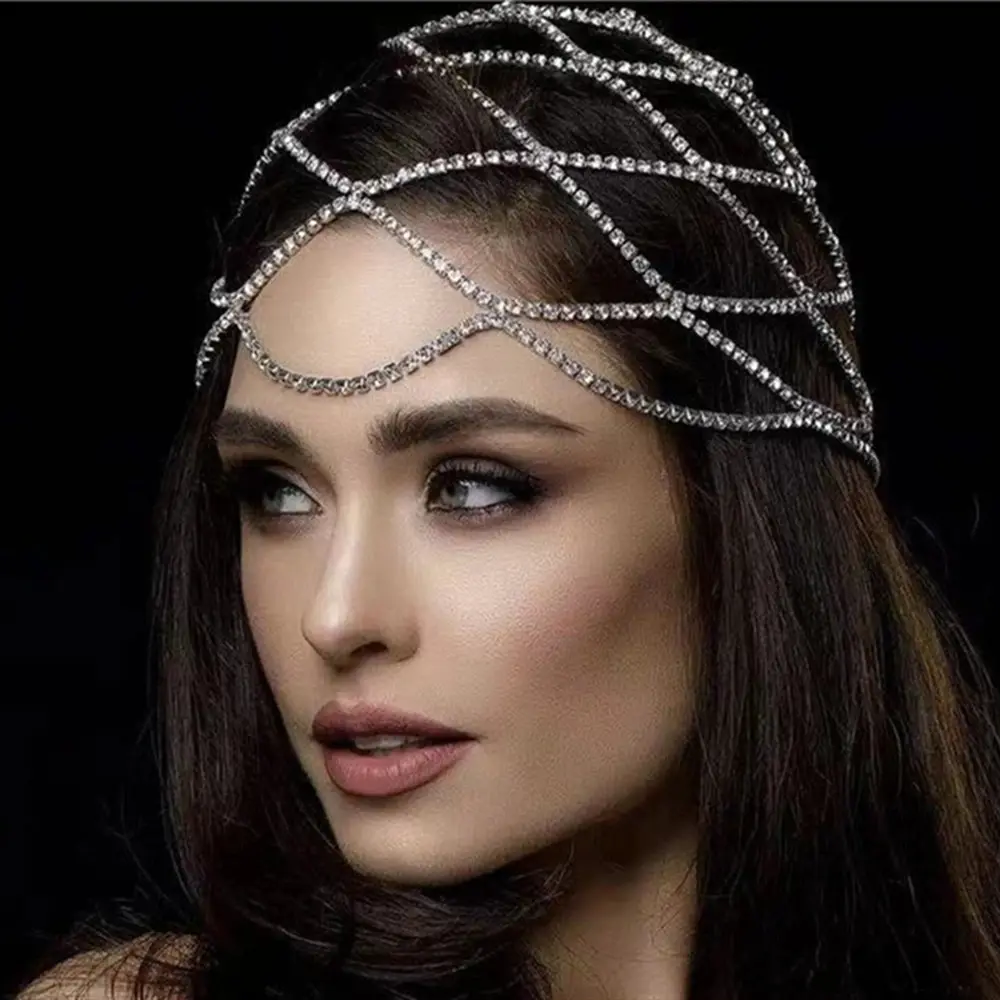 Atacado brilhante strass tiara de cabelo, corrente longa com borla cristal borla para noiva, casamento, joias, acessórios para mulheres