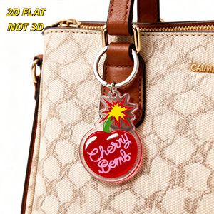 Porte-clés en acrylique mignon, design 'Cherry Bomb' effet explosion de bande dessinée, cerise rouge avec écriture rose et éclat jaune, breloque transparente pour clés et sacs - Product Image 4
