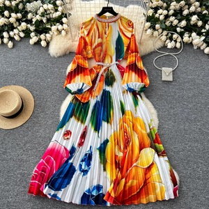 Nuovo Abito Casual da Donna Taglie Forti, Lungo, con Stampa Floreale, Maniche Lunghe, in Raso, Monopetto, Pieghettato, Stile Impero, per Primavera Autunno - Product Image 3