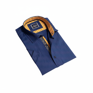Chemise pour homme à manches courtes, coupe ajustée, col Oxford bleu marine avec détails jaunes à l'intérieur - Product Image 2