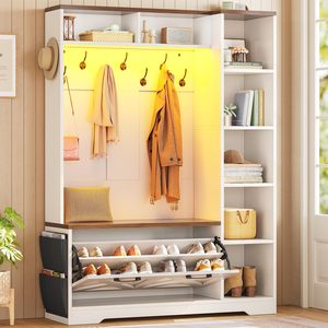 SENYU Farmhouse Entryway <b>Coat</b> <b>Rack</b> <b>with</b> Storage Bench 6 Hooks 5 <b>Shelves</b> Wood Multifunctional Furniture for Home Entryway - Product Image 2