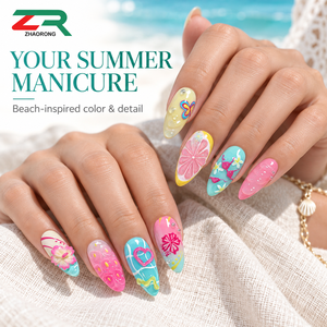 Faux <span class=keywords><strong>ongles</strong></span> d'été à presser, motifs fleurs 3D, étoiles de mer, cœurs, fruits, brillants rose, bleu, jaune, pour femmes, vacances à la plage - Product Image 3
