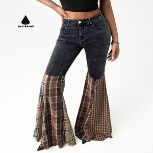 Fabricante de Pantalones Vaqueros <span class=keywords><strong>Negros</strong></span> para <span class=keywords><strong>Mujer</strong></span>, Diseñador Personalizado, Vaqueros Ajustados con Corte de Campana y Estampado de Guinga para <span class=keywords><strong>Mujer</strong></span> - Product Image 1