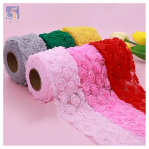 YX2333 Beautiful 3D Embroidered Mesh Rose Flower Lace Ribbon Trim Roll 8CM Width