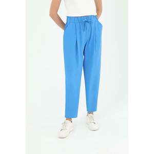 Puane Women's Blue Waist Tie Carrot Fit <b>Trousers</b> - Comfortable and Stylish High-Waisted Casual Pants for Everyday Wear - Product Image 4