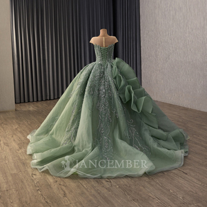 251131 Unique Green Sequined Beading Appliques Lace Crystal <b>Ruffle</b> Natural Waistline Quinceanera Party Ball Gown Women's <b>Dress</b> - Product Image 4