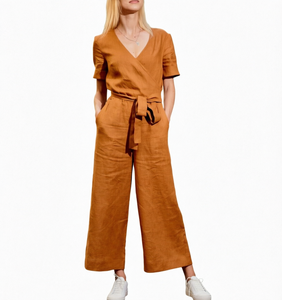 Mono de verano casual de una pieza para mujer con cuello en V, manga corta, color liso y cintura alta - Product Image 1