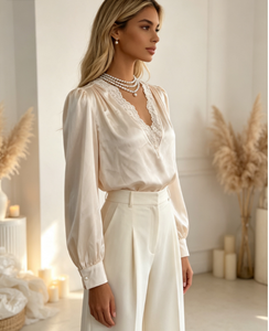 Chemisier élégant en dentelle à col en V et manches longues pour femme, couleur champagne, avec collier de perles superposé, coupe ample, haut quotidien pour femme - Product Image 2