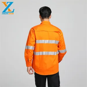 Men Long Sleeve Full Buttons Fluorescence Orange Embroider Print Logo Reflective Work Hi Vis Shirt
