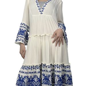 Women's Casual Woven <b>Rayon</b> <b>Dress</b> Long Sleeves Embroidered V-Neck Floral Pattern Western Style Plus Size 3XL Anti-Static Natural - Product Image 2