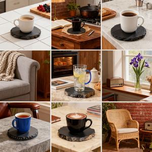 Elegant Round Handmade Slate Drink Coasters with Rack - Premium Stone <b>Mats</b> & Pads Perfect Tabletop Category for Home/<b>Bar</b> - Product Image 6